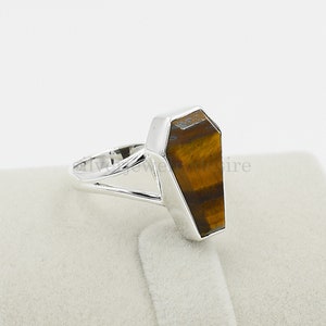 Tiger Eye Ring, 925 Sterling Silver, Coffin Ring, Yellow Tiger Eye 10x17mm Coffin Gemstone Ring, Handmade Ring, Silver Ring, Women Rings