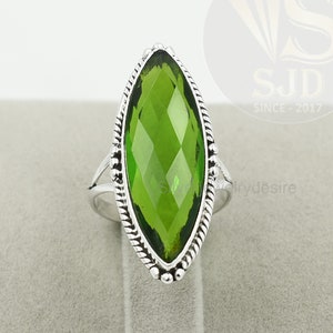 Facetterad peridotkvartsring: Lång markis, 925 sterlingsilver