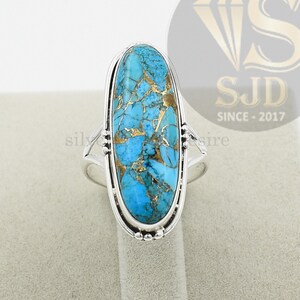 Blue Copper Turquoise Ring: Oval Sterling Silver Statement Ring
