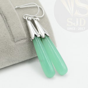 Aqua Chalcedony Earrings, 925 Sterling Silver, 7x35 mm Long Drops Earrings, Silver Earrings, Chalcedony Earrings, Women&#39;s Dangle Earrings