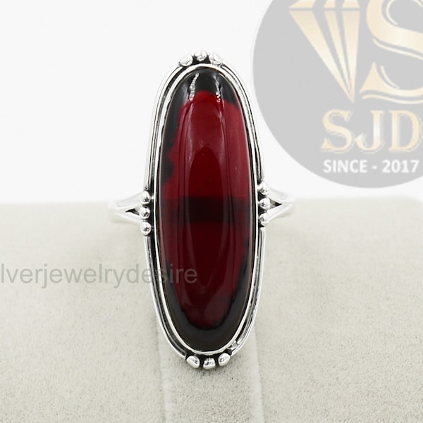 925 Sterling Silver, Garnet Quartz 10x30 mm Long Oval Ring, Statement Ring, Garnet Ring Silver, Garnet Jewelry, Women Rings, Garnet Ring