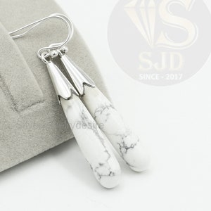 White Howlite Earrings, 925 Sterling Silver, 7x35 mm Long Drops Earrings, Silver Earrings, Howlite Earrings Silver, Women&#39;s Dangle Earrings