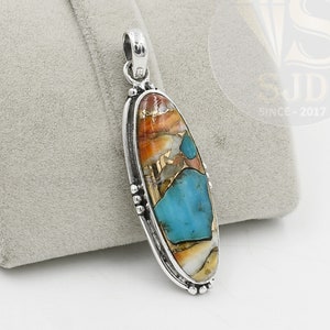 Oyster Copper Turquoise Pendant, Sterling Silver Ring, Turquoise Pendant, 10x30 mm Long Oval Pendant, Silver Pendant, Big Stone Pendant