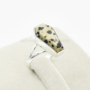 Jasper Ring, 925 Sterling Silver, Dalmation Jasper 10x17mm Coffin Gemstone Ring, Boho Ring, Silver Ring, Statement Ring, Coffin Ring, Jasper