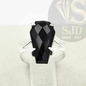 Amazing Black Onyx Coffin Ring, Prong Ring, 925 Sterling Silver, Coffin Ring, Black Onyx 10x17mm Coffin Gemstone Ring, Prong Silver Ring