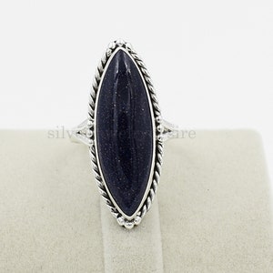 Blue Goldstone Ring: Long Marquise 925 Sterling Silver Statement Ring