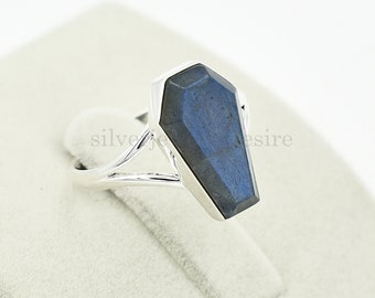 Labradorit Coffin Ring: 925 Sterling Silber (10 x 17 mm)