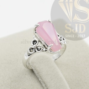 Pink Coffin Ring, 925 Sterling Silver Ring, Chalcedony 8x14 mm Coffin Prong Ring, Chalcedony Ring, Statement Ring, Coffin Ring, Women Rings
