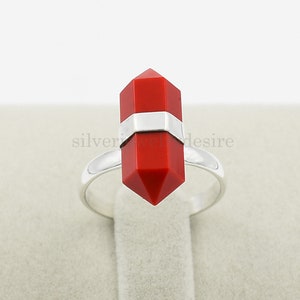 Red Coral Ring, 925 Sterling Silver, Coral 7x20 mm Pencil Stone Ring, Silver Ring, Coral Ring, Statement Ring, Pencil Ring, Women Rings