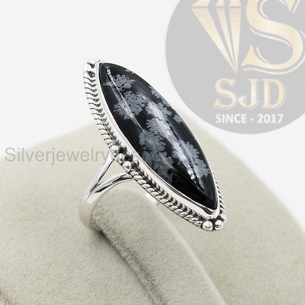 Bague en obsidienne flocon de neige, argent sterling 925, bague en obsidienne, bague marquise de 10 x 30 mm de long, bague tendance, bague en argent, bague pour femme