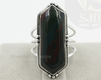 Blood Stone Ring, 925 Sterling Silver, 10x30 Mm Long Hexagon
