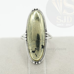 Sterling Silver Golden Pyrite Ring: Long Oval Statement Ring