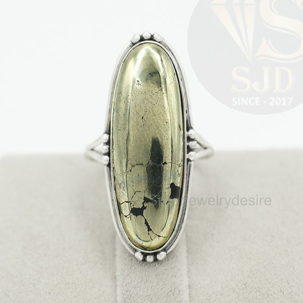 Bague en pyrite dorée, argent sterling 925, bague ovale de 10 x 30 mm de long, bague en pyrite avec pierres précieuses, belle bague, bague tendance, bagues pour femme, cadeau