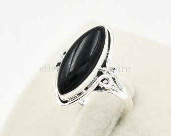 Black Onyx Marquise Ring: Sterling Silver Gemstone (8x20mm)