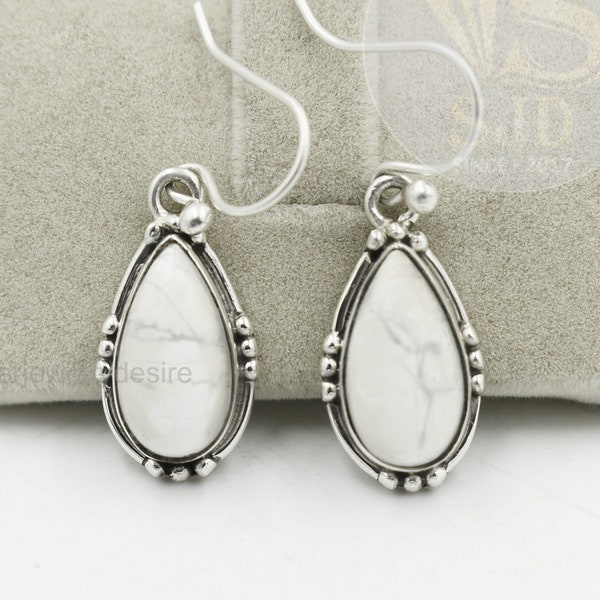 Howlite Earrings, 925 Sterling Silver, White Howlite 8x15mm Pear Gemstone Earrings, Silver Earrings, Womens Earrings Silver, Dangle Earrings