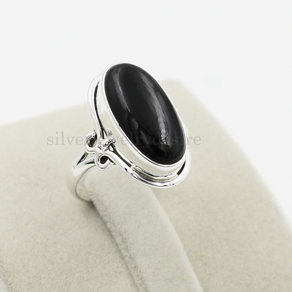 Anello ovale in onice nero: pietra preziosa in argento sterling (10 x 20 mm)
