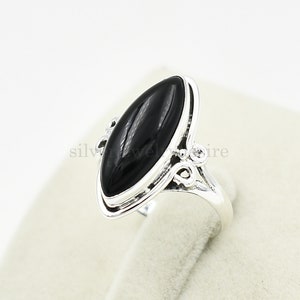 Anello Marquise in onice nero: pietra preziosa in argento sterling (8 x 20 mm)