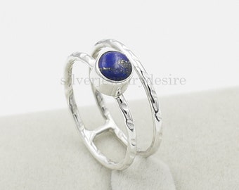 Lapis Lazuli Ring, Hammer Ring, 925 Sterling Silver, 6 mm Round Lapis Gemstone Ring, Double Band Ring, Lapis Ring, Silver Ring, Women Rings