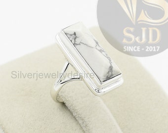 Sterling Silver Howlite Ring: Pyramid Cut Stone Statement Ring