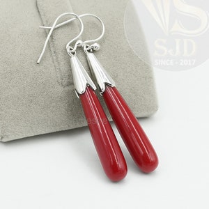 Red Coral Earrings, 925 Sterling Silver, 7x35 mm Long Drops Earrings, Silver Earrings, Earrings Silver, Dangle Earrings, Womens Earrings