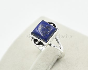 Handgemaakte sterlingzilveren lapis lazuli-ring: vierkante edelsteen