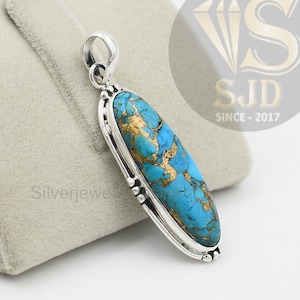 Turquoise Pendant, Sterling Silver Ring, Blue Copper Turquoise Pendant, 10x30 mm Long Oval Pendant, Silver Pendant, Big Stone Pendant, Charm