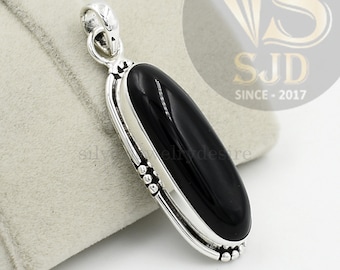 Black Onyx Pendant, 925 Sterling Silver, 10x30 mm Long Oval Pendant, Onyx Pendant, Gemstone Pendant, Silver Pendant, Black Onyx Jewelry