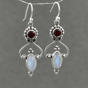 Moonstone Earrings, Garnet Earrings, Sterling Silver Earrings, Gemstone Earrings, Silver Earrings, Womens Earrings, Boho Earrings, Garnet