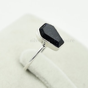 Handmade Blue Goldstone Coffin Ring: 925 Sterling Silver, Tiny Ring