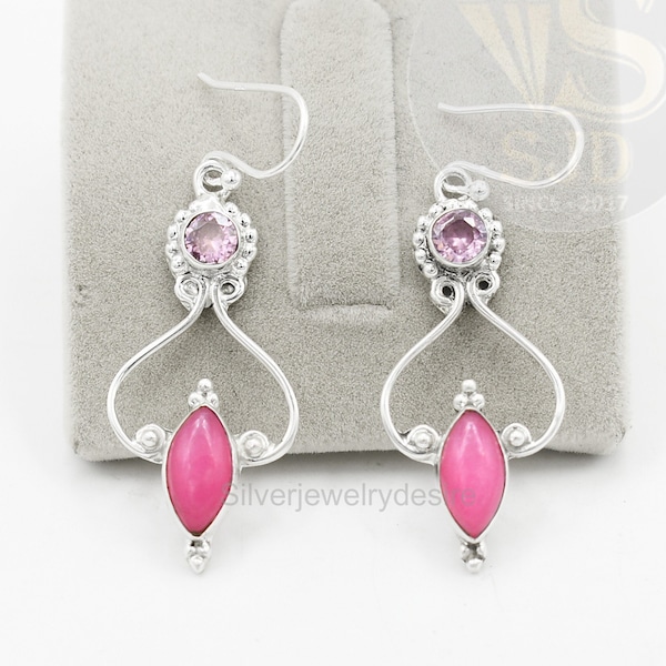Beautiful Pink Jade Earrings, 925 Sterling Silver, 6x12 mm Marquise Earrings, Kunzite Quartz Earrings, Silver Earrings, Pink Jade Earrings