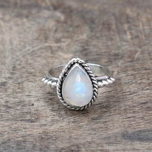 Moonstone Ring, Sterling Silver Ring, Rainbow Moonstone 8x12 mm Pear Shape Gemstone Ring, White Rainbow Ring, Womens Ring, Silver Ring, Gift