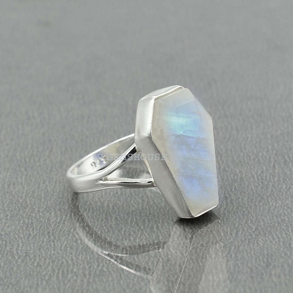 Moonstone Ring, 925 Sterling Silver, Rainbow Moonstone 10x17 mm Coffin Gemstone Ring, Moonstone Coffin Ring, Silver Ring, Womens Coffin Ring