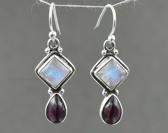 Sterling Silver Moonstone Garnet Drop Earrings