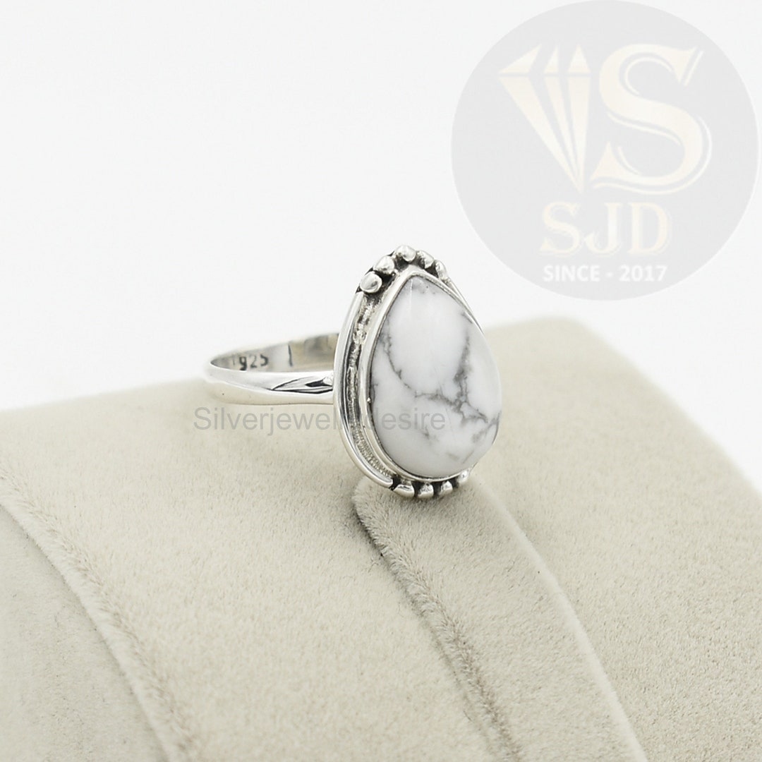 Howlite Ring, Sterling Silver, White Howlite 10x14 Mm Pear Ring ...