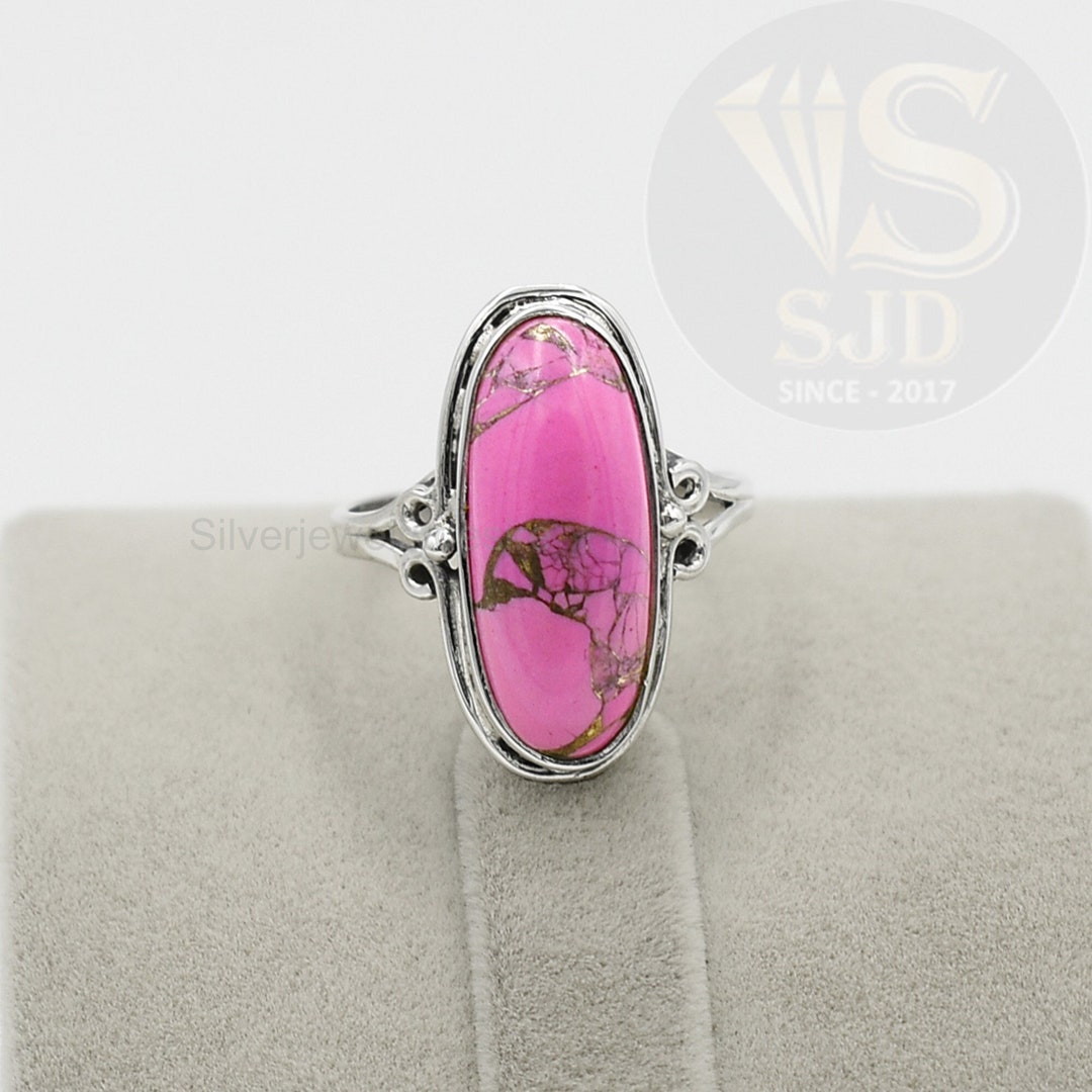 Pink Turquoise Ring, 925 Sterling Silver, Pink Copper Turquoise 8x20mm
