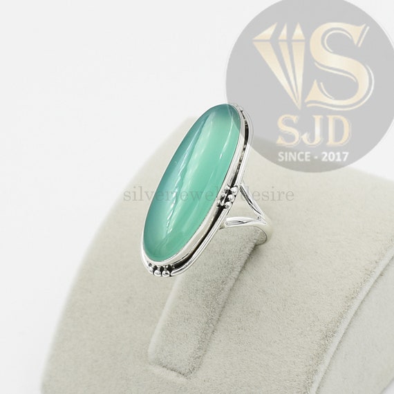 Chalcedony Ring, 925 Sterling Silver, Aqua Chalcedony Long