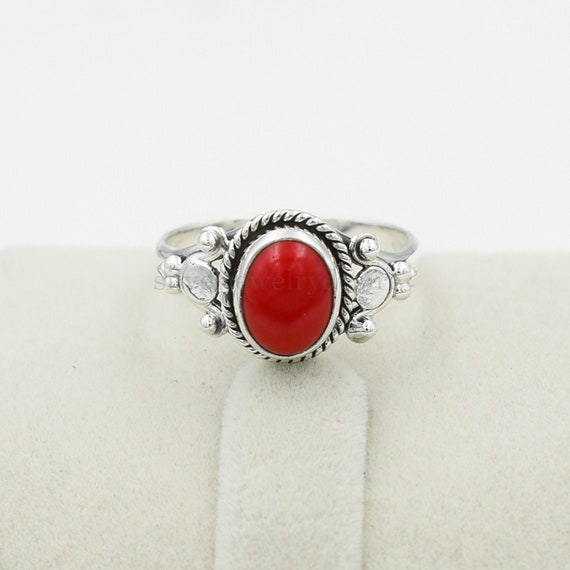 Red Coral Ring: Oval 7x9mm, 925 Sterling Silver Boho Ring - Etsy