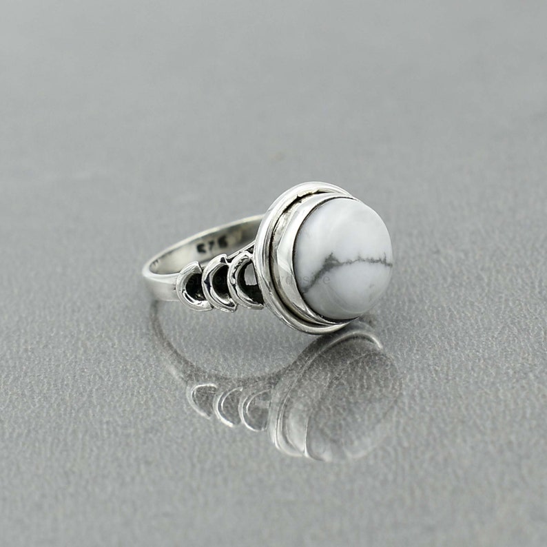 White Stone Ring White Howlite 10 mm Round Ring Sterling Silver Statement Ring Silver Ring Howlite Ring Gemstone Ring Women Ring