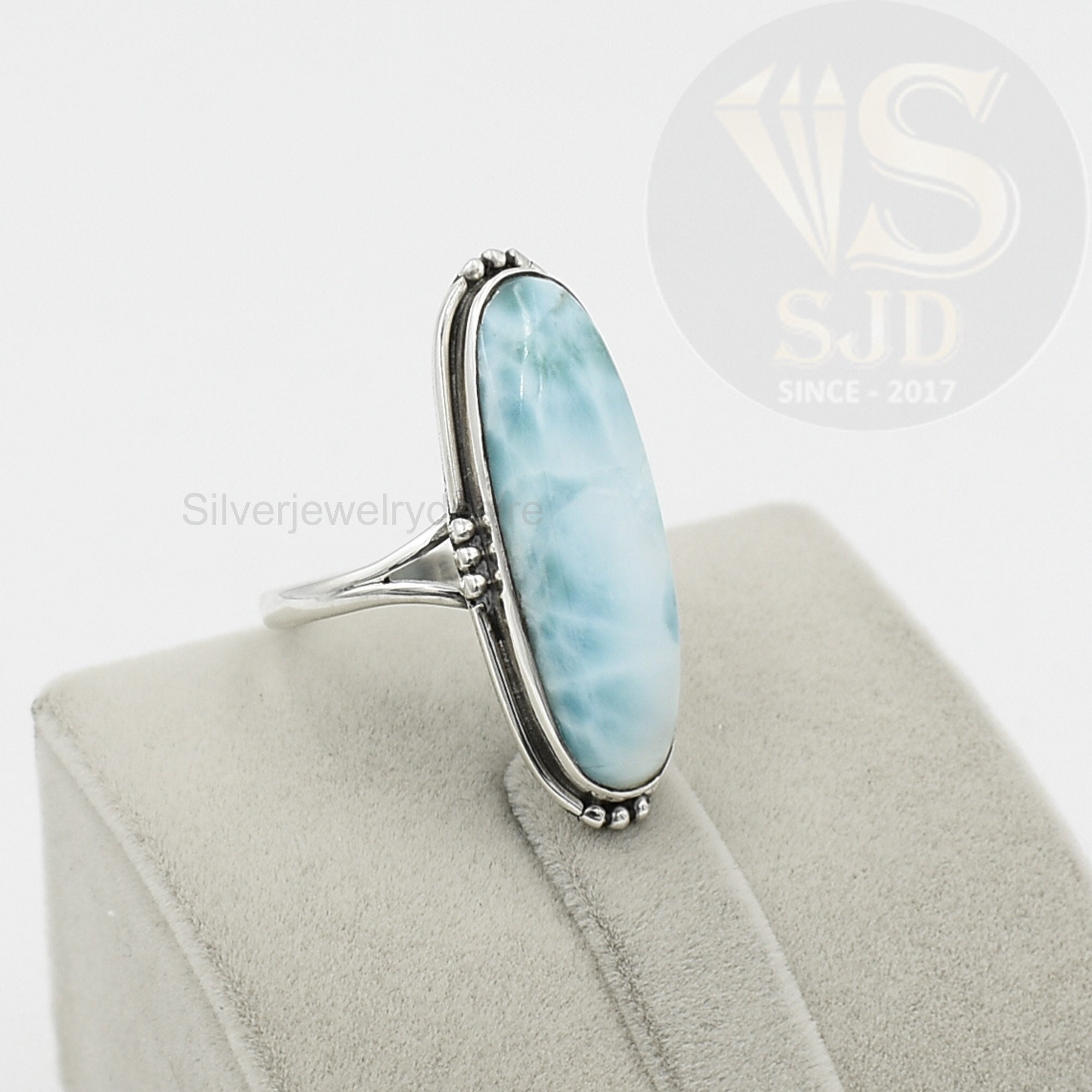 Natural Oval Larimar Sterling Silver Ring For Women & Men – 925 Silver Filigree Chunky Statement Ring, Dominican Gemstone Gift - View #6