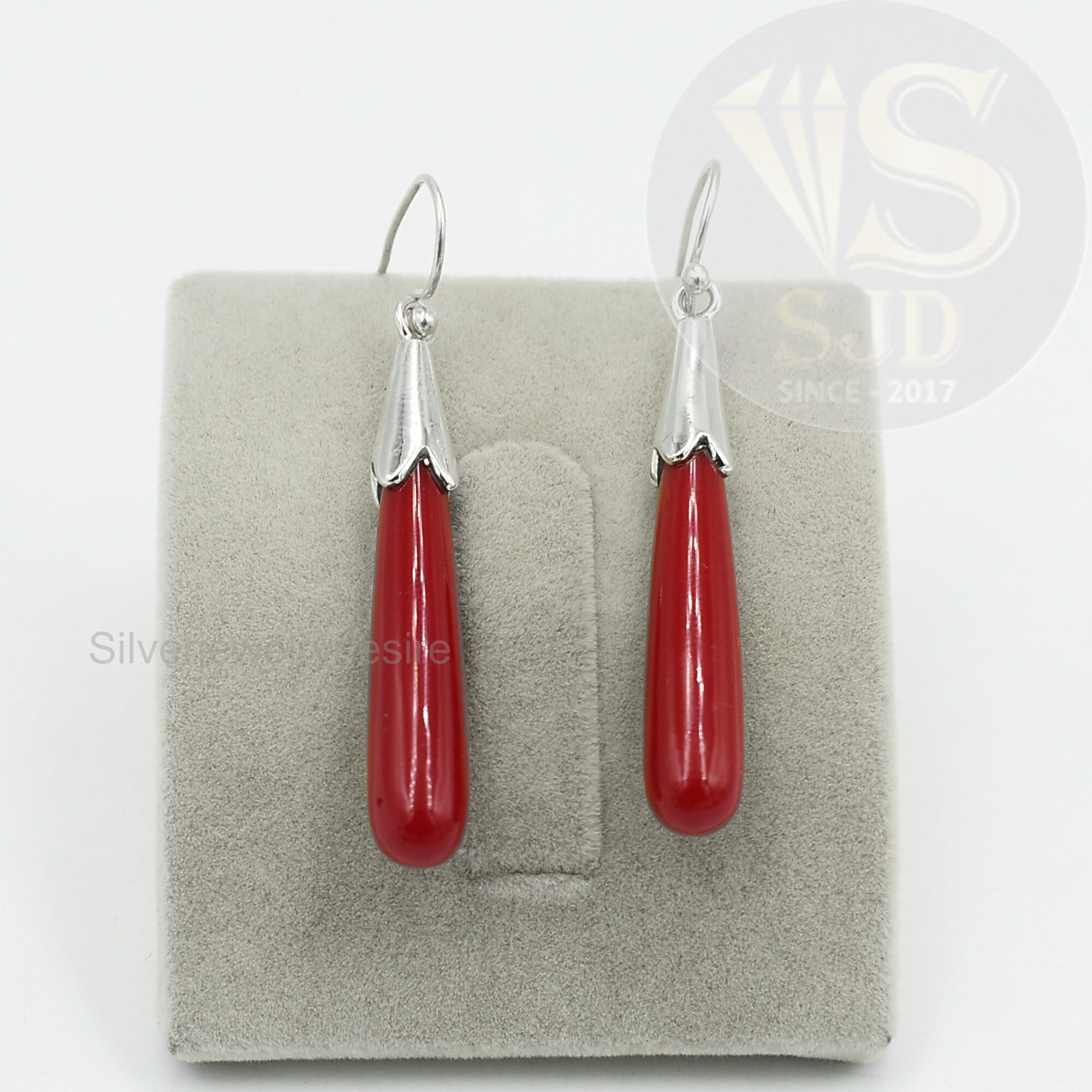 Boucles D'oreilles Argent 925 Corail Rouge Naturel - Forme Larme Fait Main Indonésie