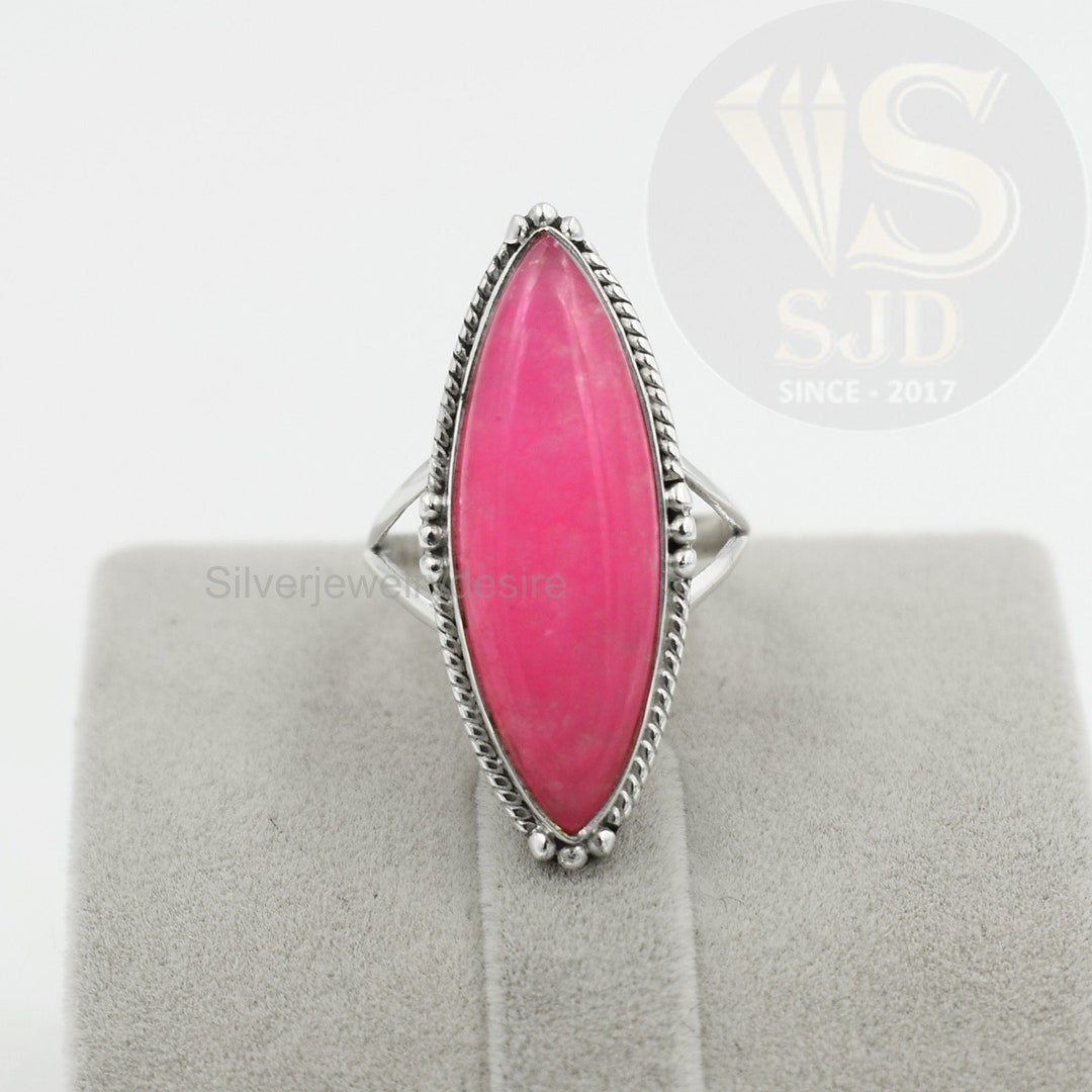 Pink Jade Ring: Sterling Silver Long Marquise Boho Ring - Etsy