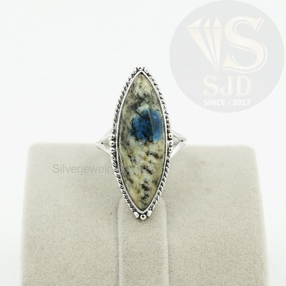 Sterling Silver K2 Jasper Ring: Long Marquise Boho Statement Ring