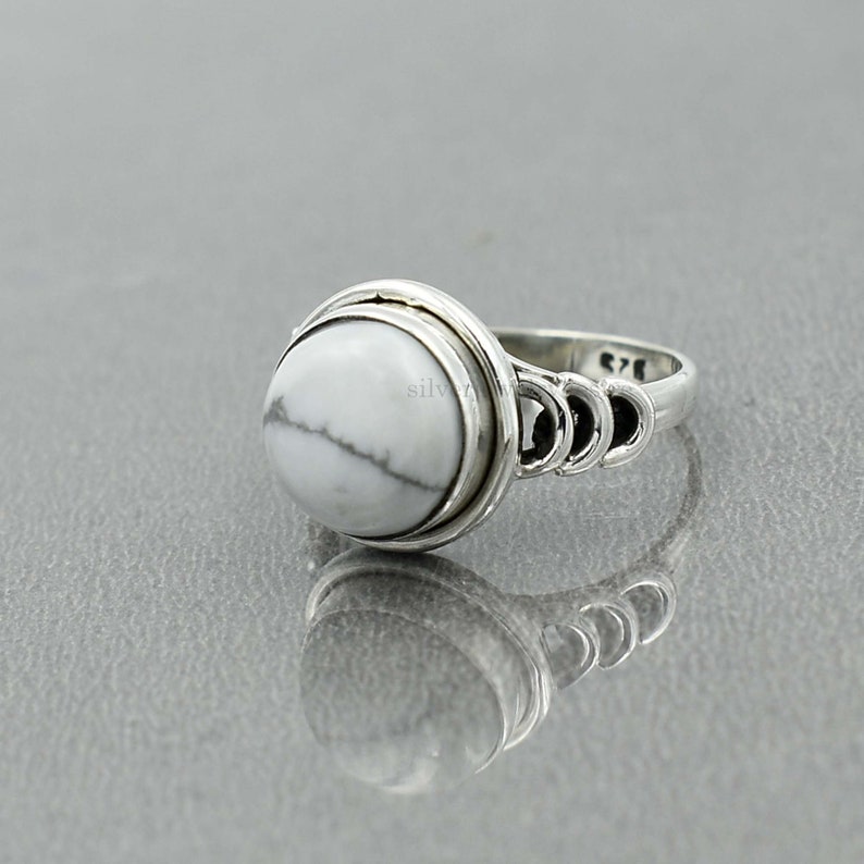 White Stone Ring White Howlite 10 mm Round Ring Sterling Silver Statement Ring Silver Ring Howlite Ring Gemstone Ring Women Ring