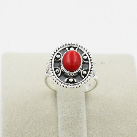 Red coral hotsell ring silver