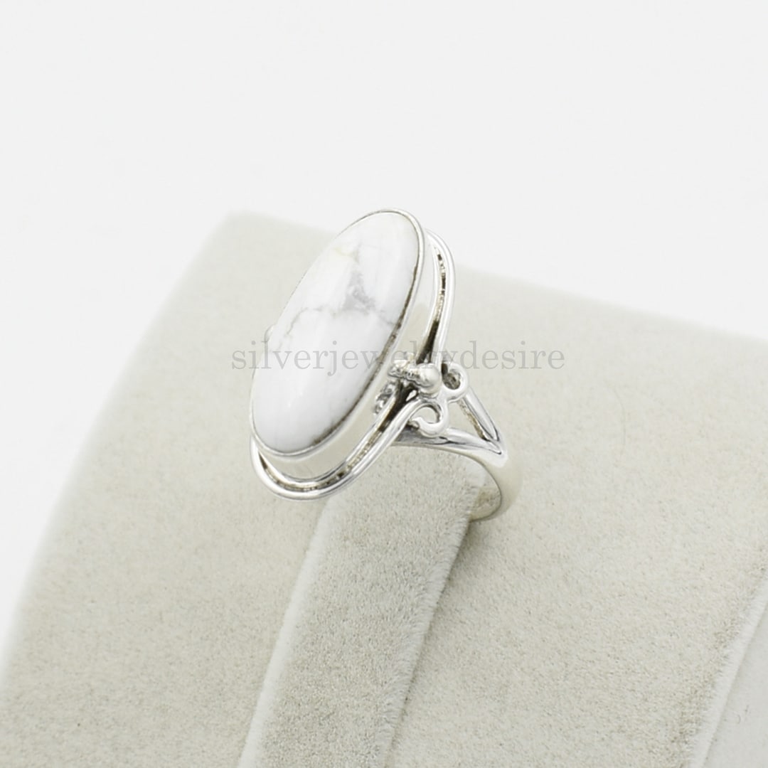Sterling Silver Howlite Ring: Oval White Gemstone Statement Ring - Etsy