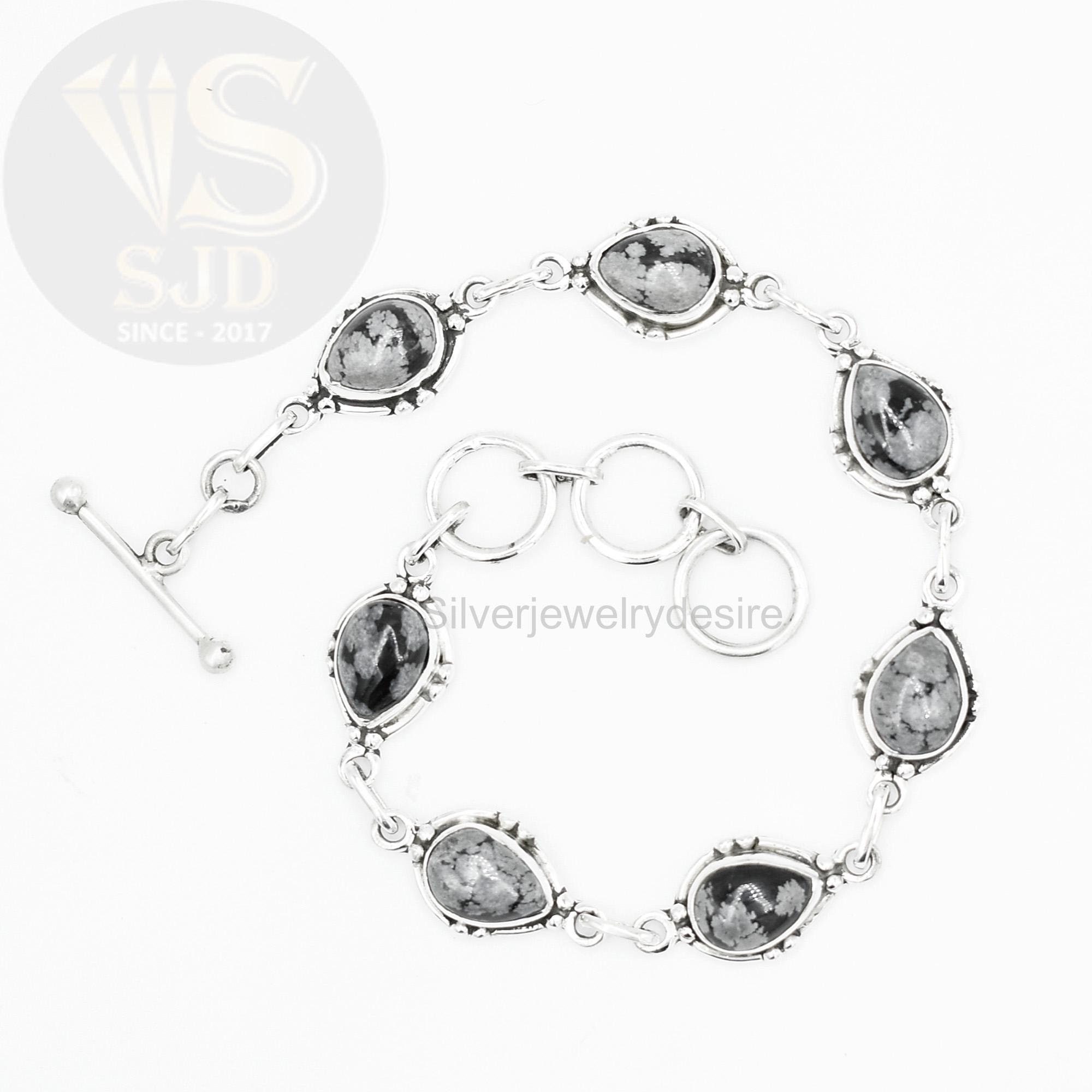 Snowflake Obsidian Bracelet: 925 Sterling Silver Pear Gemstone - Etsy