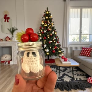 Op de afbeelding: Een heldere glazen pot met een zilveren deksel, met daarin een klein, wit gehaakt spookje. De pot is versierd met drie rode decoratieve bessen en een geelgroene tak. Op de achtergrond staat een kerstboom met lichtjes en ballen.