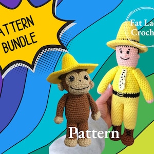 以下が含まれることがあります： 黄色いサルと帽子をかぶった黄色い男性の編み物パターンバンドル。パターンは「Fat Lady Crochet」と呼ばれています。