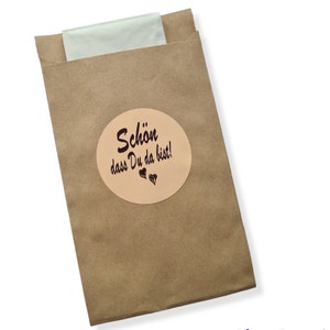 Papiertüten Hochzeit in Kraftpapier braun Freudentränen, Geschenktüten, Blumensamen, Taschentücher, Aufklber Schön, dass Du da bist