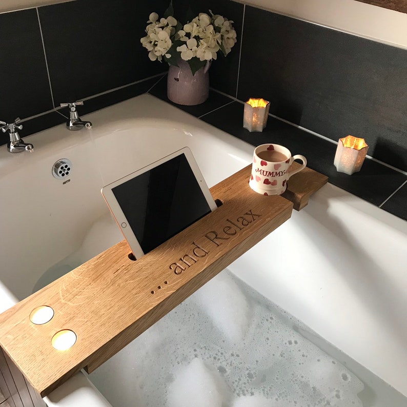 Oak Bath Board Luxury Bath Tray Engraved Bath Caddy Relax Etsy